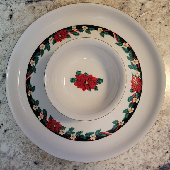 Tienshan Deck The Halls Christmas Poinsettia Serving Platter Bowl Set Chip Dip - Picture 4 of 8